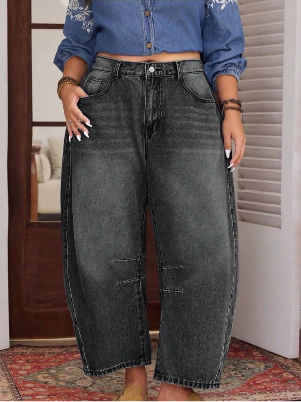 Black Denim Elastic Barrel Leg Jeans